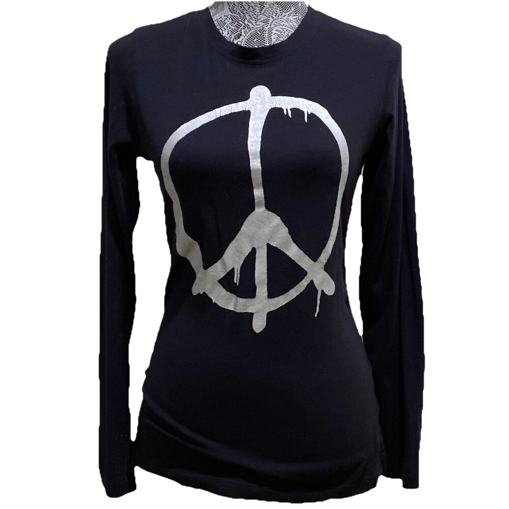 ISDA & CO Peace Sign Graphic Long Sleeve Black Metallic Foil Stretch Top XS - Picture 10 of 15